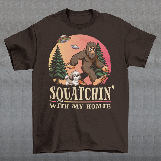 Embark on an otherworldly adventure with our Bigfoot and Shih Tzu hiking design, where the mysterious meets the adorable! This captivating scene depicts Bigfoot and his trusty Shih Tzu companion trekking through the dense forest, surrounded by towering trees and vibrant foliage. Above them, the sky is alight with the presence of UFOs, adding an element of cosmic wonder to their journey. With intricate detailing and vivid colors, this design captures the essence of exploring the great outdoors.