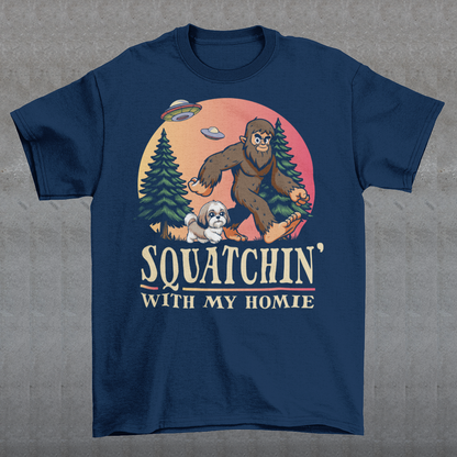Embark on an otherworldly adventure with our Bigfoot and Shih Tzu hiking design, where the mysterious meets the adorable! This captivating scene depicts Bigfoot and his trusty Shih Tzu companion trekking through the dense forest, surrounded by towering trees and vibrant foliage. Above them, the sky is alight with the presence of UFOs, adding an element of cosmic wonder to their journey. With intricate detailing and vivid colors, this design captures the essence of exploring the great outdoors.