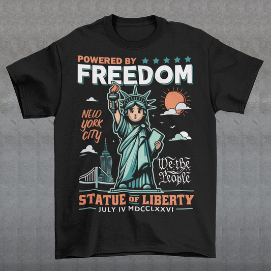 This tee features a bold cartoon rendition of the Statue of Liberty—full of attitude and charm—striking a heroic pose with a torch blazing high. Above her, the slogan "POWERED BY FREEDOM" pops in all-caps, making a loud and proud statement. This shirt is perfect for anyone who believes freedom isn't just a right—it's a superpower. Great for July 4th, rallies, or just everyday rebel energy.