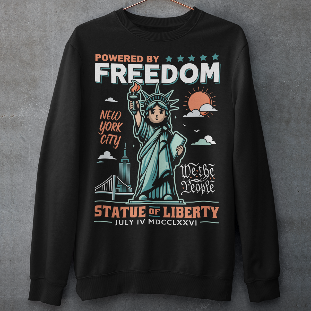 This sweatshirt features a bold cartoon rendition of the Statue of Liberty—full of attitude and charm—striking a heroic pose with a torch blazing high. Above her, the slogan "POWERED BY FREEDOM" pops in all-caps, making a loud and proud statement. This shirt is perfect for anyone who believes freedom isn't just a right—it's a superpower. Great for July 4th, rallies, or just everyday rebel energy.