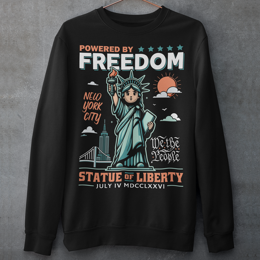 This sweatshirt features a bold cartoon rendition of the Statue of Liberty—full of attitude and charm—striking a heroic pose with a torch blazing high. Above her, the slogan "POWERED BY FREEDOM" pops in all-caps, making a loud and proud statement. This shirt is perfect for anyone who believes freedom isn't just a right—it's a superpower. Great for July 4th, rallies, or just everyday rebel energy.