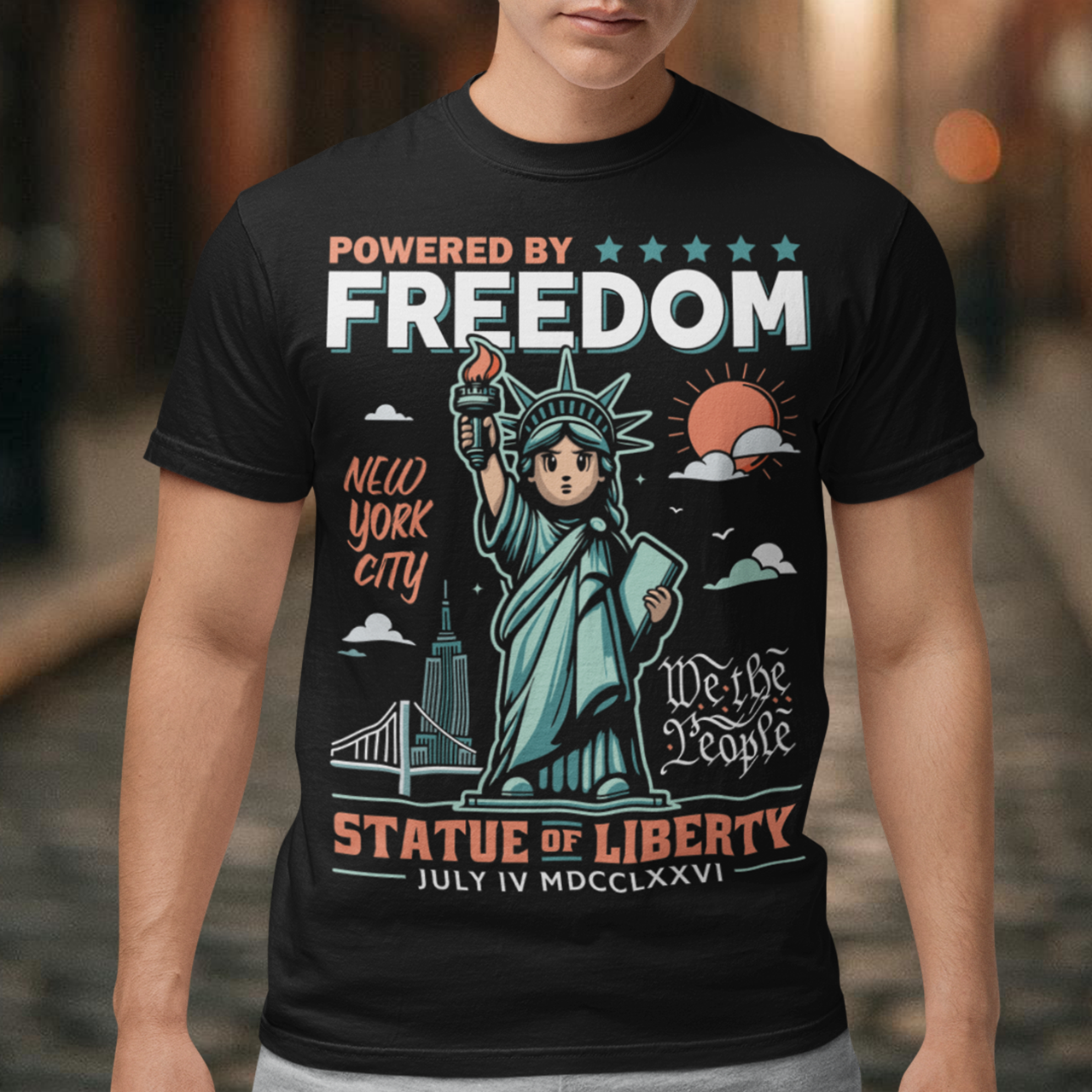 This t-shirt features a bold cartoon rendition of the Statue of Liberty—full of attitude and charm—striking a heroic pose with a torch blazing high. Above her, the slogan "POWERED BY FREEDOM" pops in all-caps, making a loud and proud statement. This shirt is perfect for anyone who believes freedom isn't just a right—it's a superpower. Great for July 4th, rallies, or just everyday rebel energy.