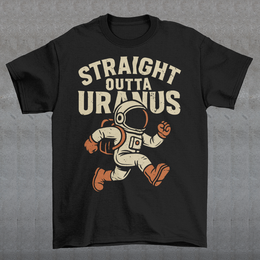 Make the galaxy laugh with this bold and hilarious tee! Featuring a cartoon-style spaceman floating in the cosmos, this shirt makes a cosmic statement with the cheeky slogan "STRAIGHT OUTTA URANUS" printed above. Perfect for space nerds, pun-lovers, and anyone who appreciates a little interstellar humor. Whether you’re stargazing, gaming, or just looking to get a few laughs, this shirt is guaranteed to be a conversation starter.