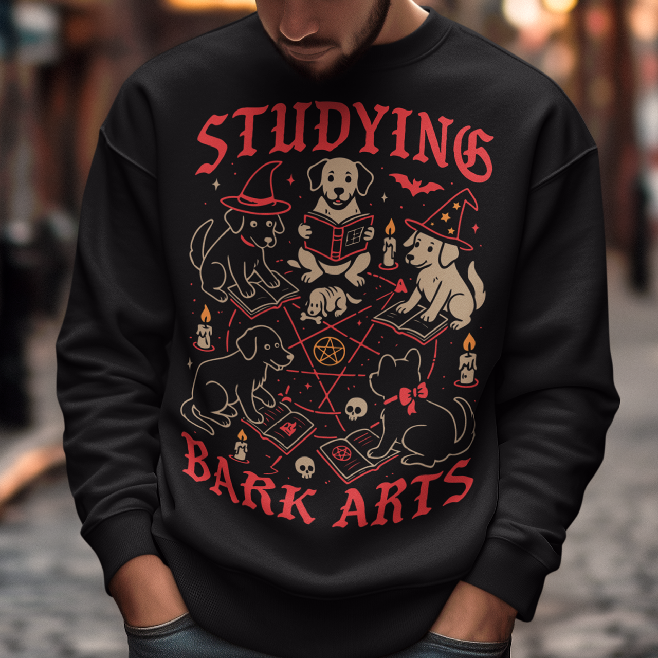 Studying The Bark Arts Sweathirt - Dark Arts Dog Shirt - Dog Lover Top - Funny Pet Gift. Gather the cutest coven you’ve ever seen with this playful and spooky “Studying Bark Arts” sweatshirt. Featuring a circle of adorable pups deep in magical study, this design blends witchy vibes with wholesome dog energy. From tiny spellbooks and glowing candles to pentagrams and wizard hats, every detail adds a charming twist to classic occult imagery, turning dark arts into pure, tail-wagging fun.