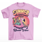 Pink t-shirt of a skeleton floating on a rubber flamingo in the sea with a cocktail and cigar in front of a sunset with text "SUMMER FEELING BEACH VIBES".