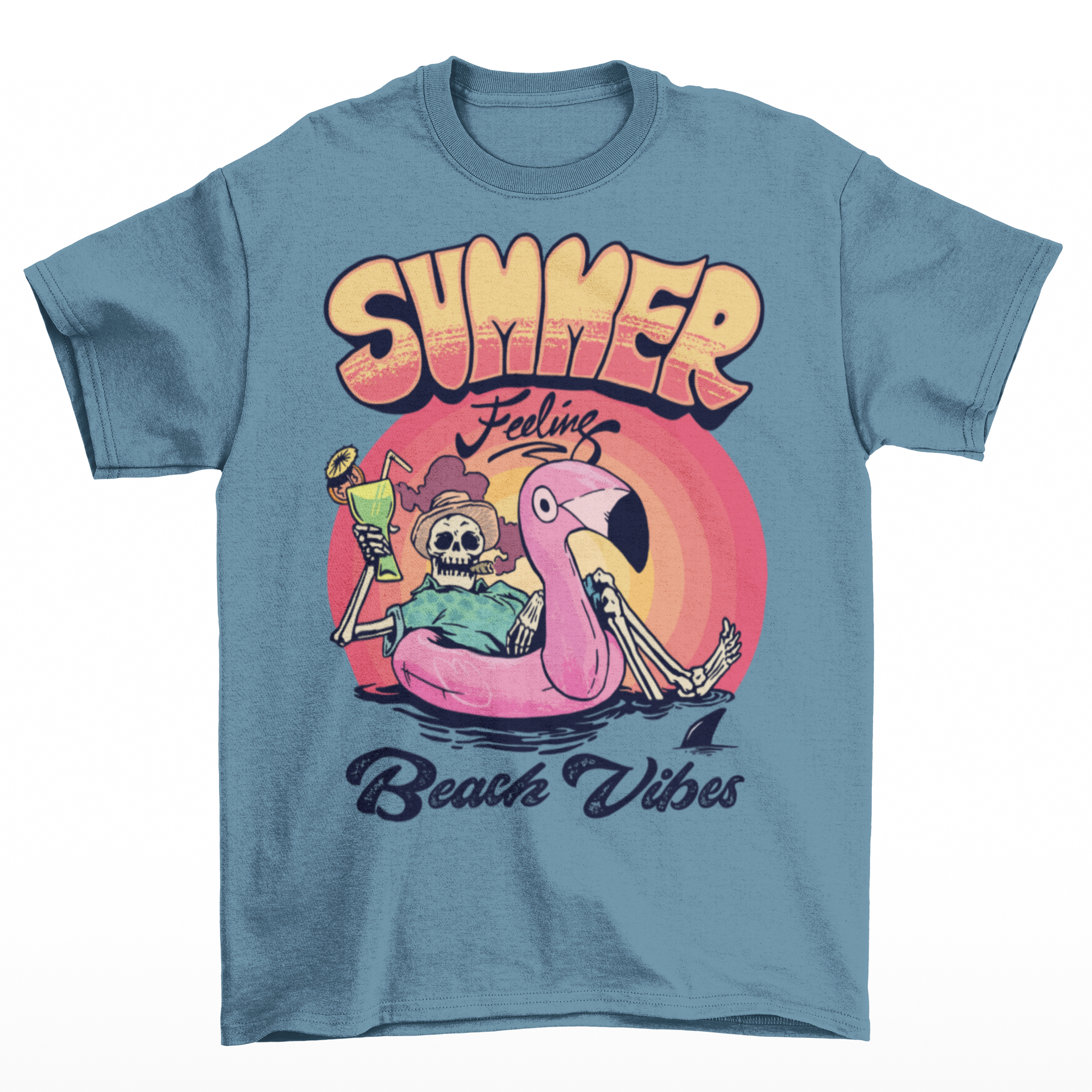 Steel blue t-shirt of a skeleton floating on a rubber flamingo in the sea with a cocktail and cigar in front of a sunset with text "SUMMER FEELING BEACH VIBES".