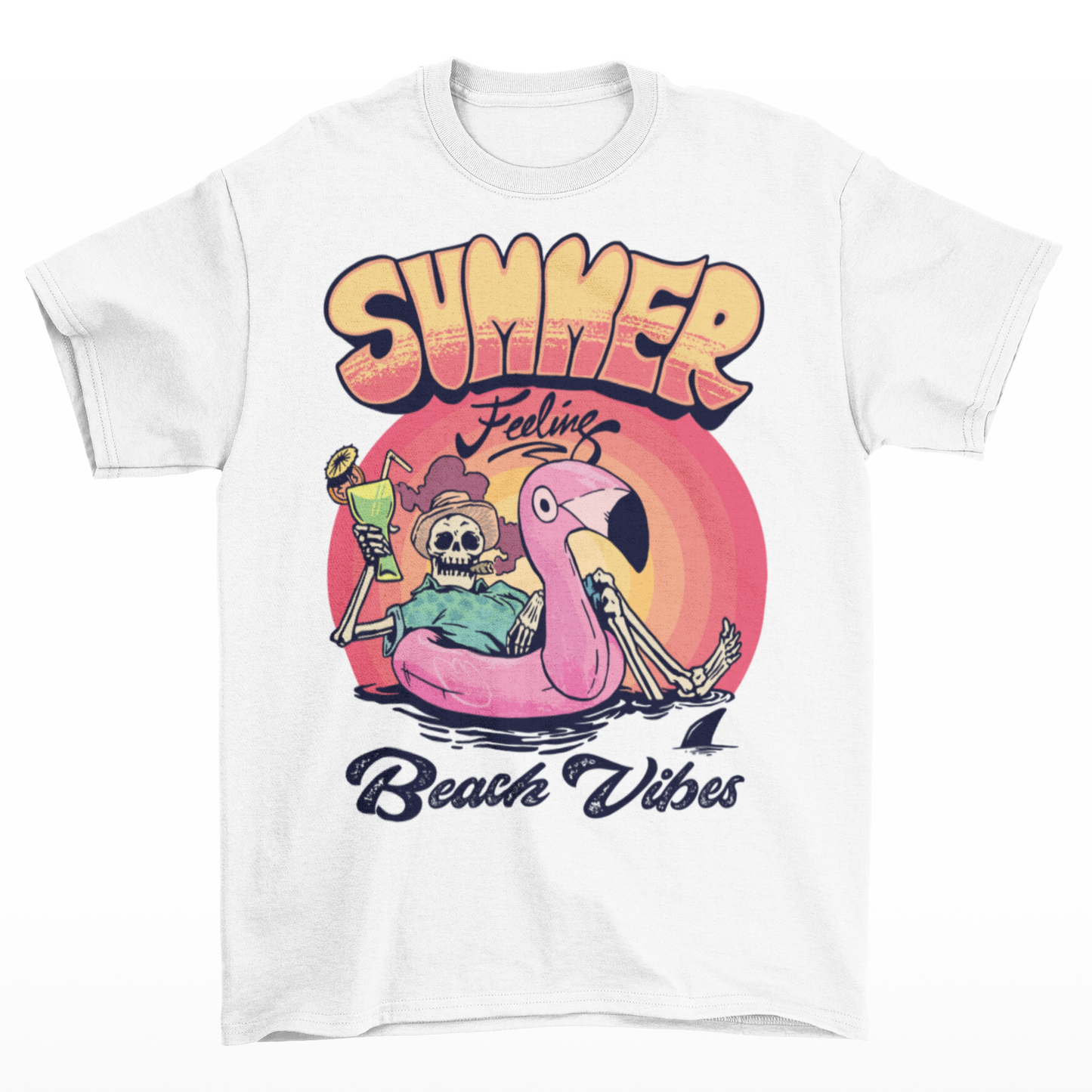 White t-shirt of a skeleton floating on a rubber flamingo in the sea with a cocktail and cigar in front of a sunset with text "SUMMER FEELING BEACH VIBES".