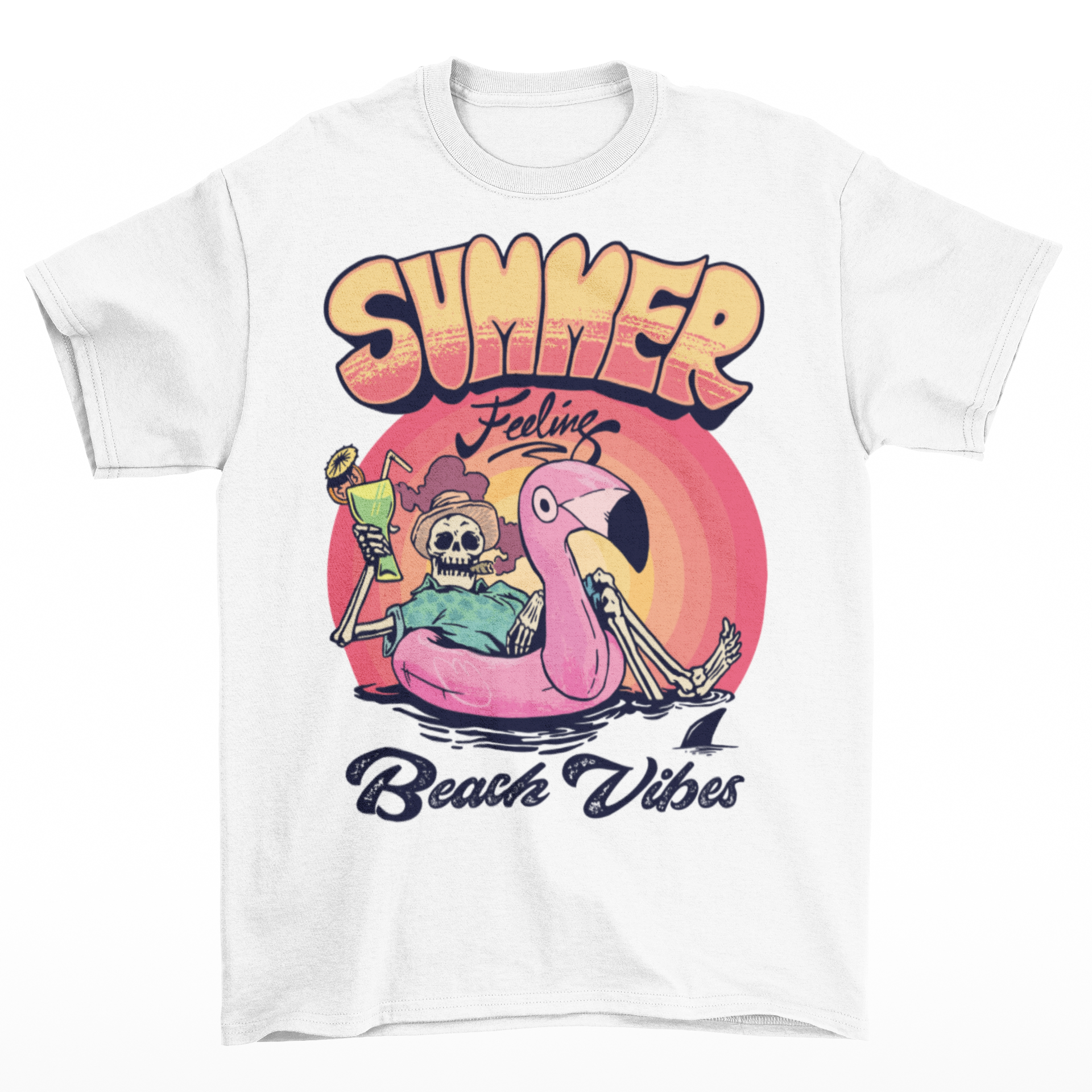 White t-shirt of a skeleton floating on a rubber flamingo in the sea with a cocktail and cigar in front of a sunset with text "SUMMER FEELING BEACH VIBES".