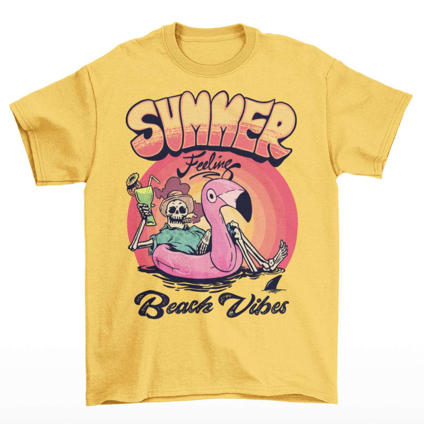 Yellow t-shirt of a skeleton floating on a rubber flamingo in the sea with a cocktail and cigar in front of a sunset with text "SUMMER FEELING BEACH VIBES".