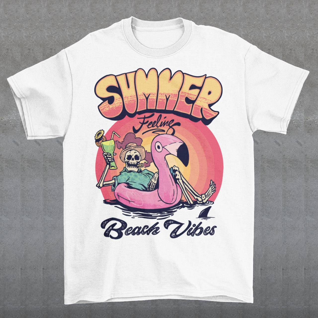 Introducing our "Summer Feeling Beach Vibes" t-shirt, a delightful blend of relaxation, whimsy, and cool vibes. This eye-catching design captures the essence of summer with a unique twist. At the center of the design, you'll find a playful skeleton, bringing a touch of the extraordinary to your beach adventures. Poised atop a vibrant rubber flamingo, the skeleton floats effortlessly on the tranquil sea, adding a sense of surrealism and fun to the scene.