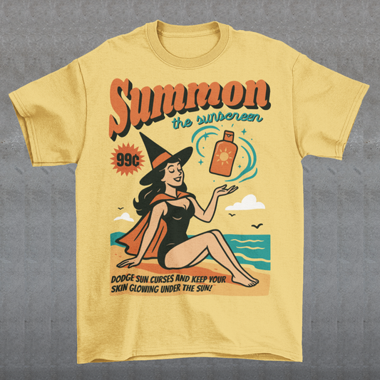 Bring a little magic to your summer with this whimsical tee! Featuring a playful illustration of a witch lounging on the shore, sunhat tilted and a bottle of sunscreen within arm’s reach, this design blends spooky charm with sunny vibes. Bold text above reads SUMMON THE SUNSCREEN in an enchanting font, making it perfect for anyone who loves both moonlit rituals and seaside relaxation.