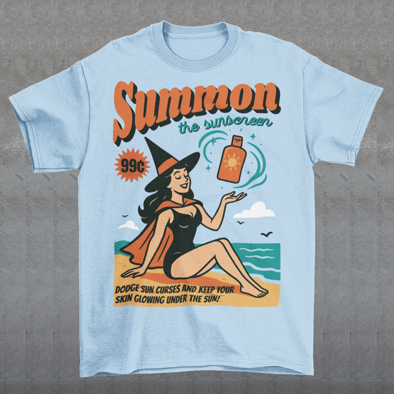 Bring a little magic to your summer with this whimsical tee! Featuring a playful illustration of a witch lounging on the shore, sunhat tilted and a bottle of sunscreen within arm’s reach, this design blends spooky charm with sunny vibes. Bold text above reads SUMMON THE SUNSCREEN in an enchanting font, making it perfect for anyone who loves both moonlit rituals and seaside relaxation.