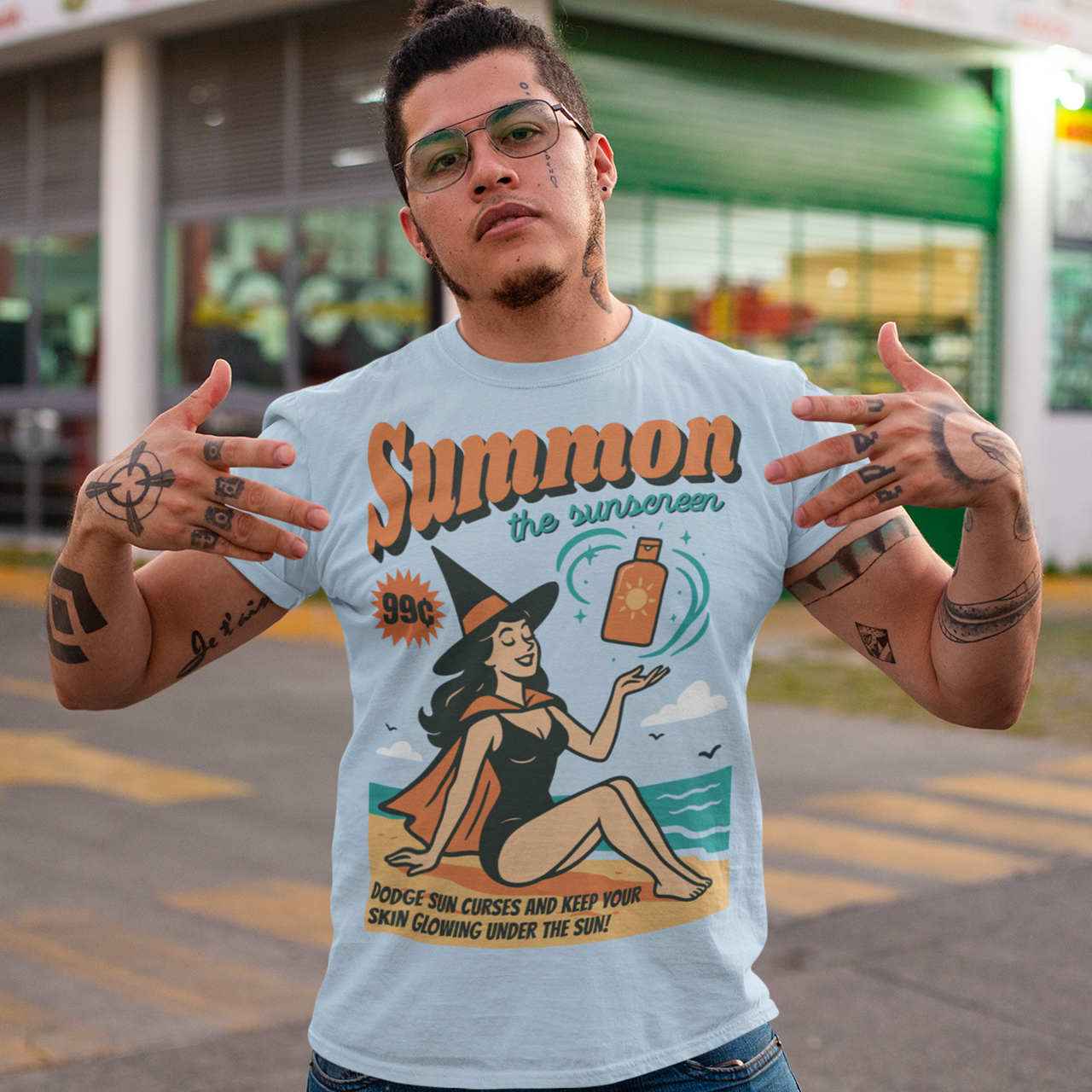 Bring a little magic to your summer with this whimsical tee! Featuring a playful illustration of a witch lounging on the shore, sunhat tilted and a bottle of sunscreen within arm’s reach, this design blends spooky charm with sunny vibes. Bold text above reads SUMMON THE SUNSCREEN in an enchanting font, making it perfect for anyone who loves both moonlit rituals and seaside relaxation.