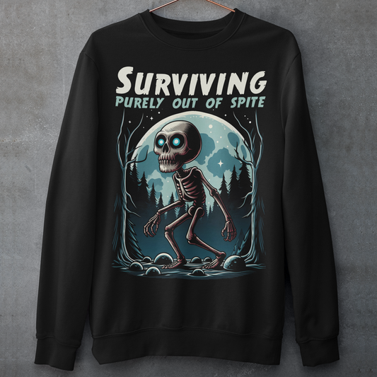 Black sweatshirt of a skeleton skinwalker in a dark forest with text above SURVIVING PURELY OUT OF SPITE.