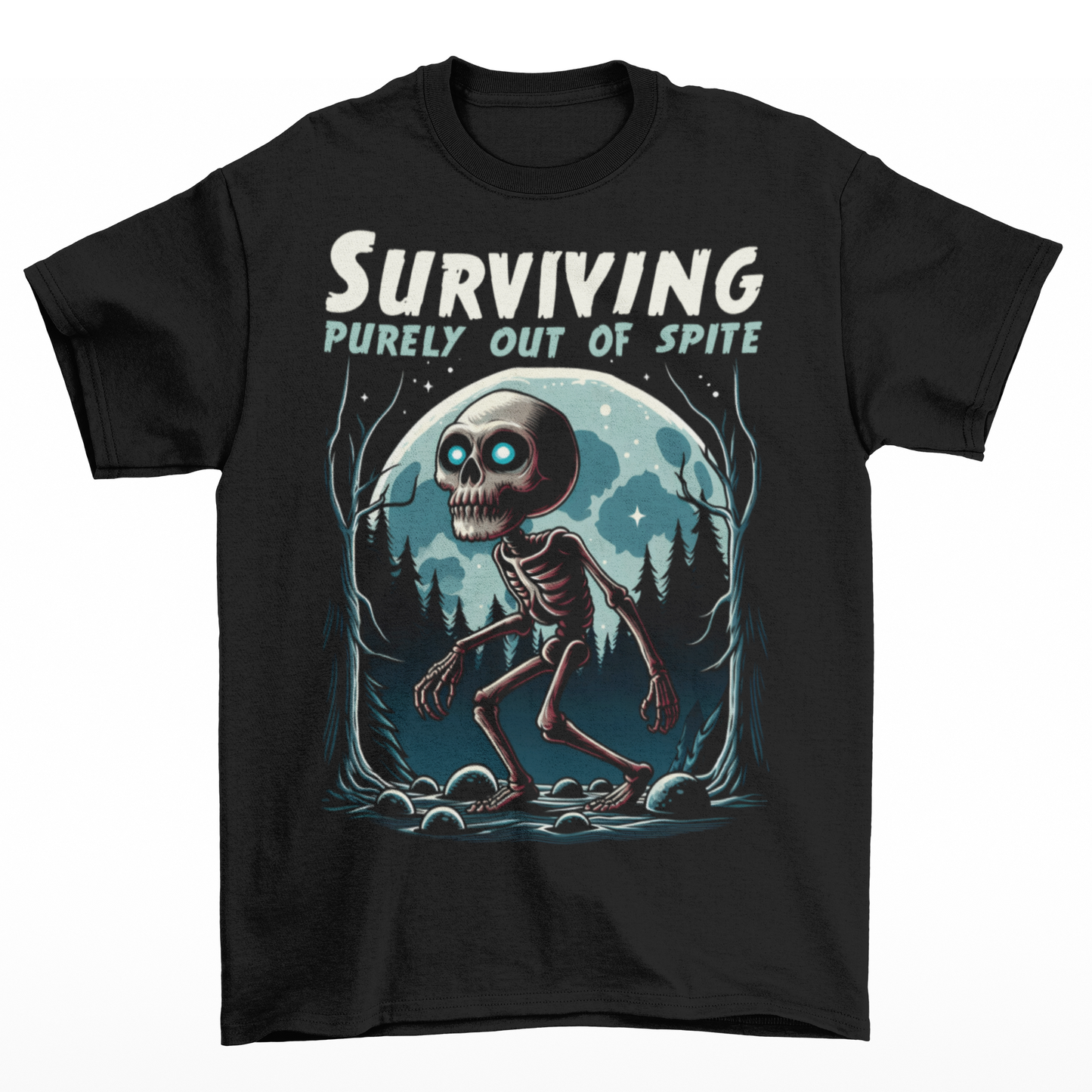 Black t-shirt of a skeleton skinwalker in a dark forest with text above SURVIVING PURELY OUT OF SPITE.