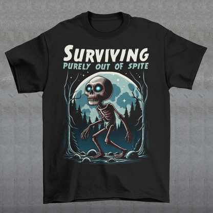 Embrace the eerie allure of the night with our Skeleton Skinwalker t-shirt, a hauntingly beautiful depiction of skeletal transformation amidst the shadows of a dark forest. The intricate design features a mesmerizing interplay of bone and nature, capturing the essence of a creature caught between two worlds. Above the striking imagery, bold text reads: "SURVIVING PURELY OUT OF SPITE." This defiant statement encapsulates the spirit of resilience.