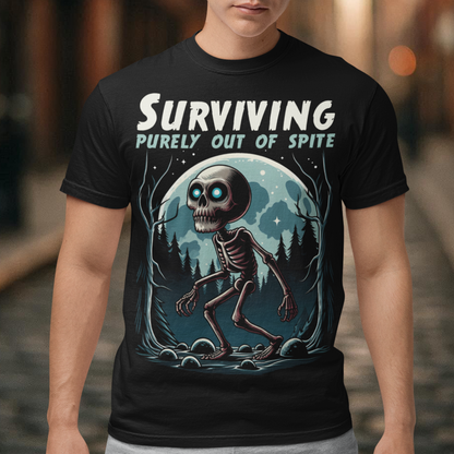 Embrace the eerie allure of the night with our Skeleton Skinwalker t-shirt, a hauntingly beautiful depiction of skeletal transformation amidst the shadows of a dark forest. The intricate design features a mesmerizing interplay of bone and nature, capturing the essence of a creature caught between two worlds. Above the striking imagery, bold text reads: "SURVIVING PURELY OUT OF SPITE." This defiant statement encapsulates the spirit of resilience.