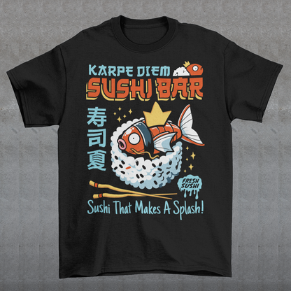 Make every day a raw-some adventure with our "Karpe Diem Sushi Bar" tee! Featuring a whimsical design of a Magikarp-style sushi fish—part Pokémon, part premium nigiri—this shirt blends geek culture and foodie vibes with a splash of humor. Whether you're a sushi lover, a Pokémon fan, or just someone who believes in seizing the soy, this tee is your perfect catch. Printed on soft, breathable cotton with bold, vibrant colors, it's ideal for casual outings, anime conventions, or your next sushi run.
