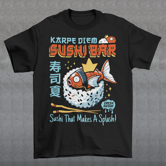 Make every day a raw-some adventure with our "Karpe Diem Sushi Bar" tee! Featuring a whimsical design of a Magikarp-style sushi fish—part Pokémon, part premium nigiri—this shirt blends geek culture and foodie vibes with a splash of humor. Whether you're a sushi lover, a Pokémon fan, or just someone who believes in seizing the soy, this tee is your perfect catch. Printed on soft, breathable cotton with bold, vibrant colors, it's ideal for casual outings, anime conventions, or your next sushi run.