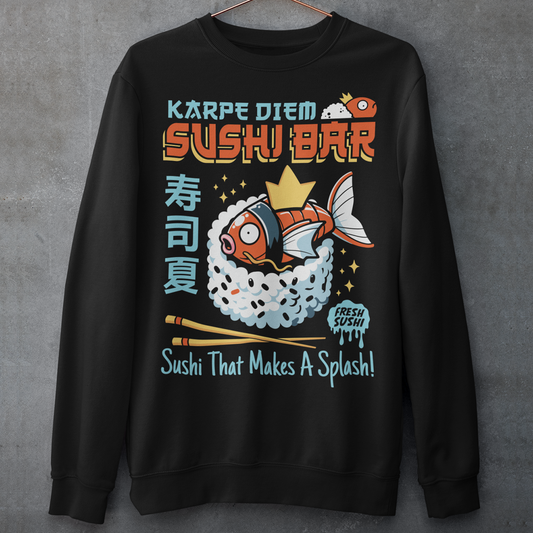 Make every day a raw-some adventure with our "Karpe Diem Sushi Bar" sweatshirt! Featuring a whimsical design of a Magikarp-style sushi fish—part Pokémon, part premium nigiri—this shirt blends geek culture and foodie vibes with a splash of humor. Whether you're a sushi lover, a Pokémon fan, or just someone who believes in seizing the soy, this tee is your perfect catch. Printed on soft, breathable cotton with bold, vibrant colors, it's ideal for casual outings, anime conventions, or your next sushi run.