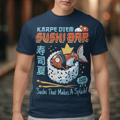 Make every day a raw-some adventure with our "Karpe Diem Sushi Bar" tee! Featuring a whimsical design of a Magikarp-style sushi fish—part Pokémon, part premium nigiri—this shirt blends geek culture and foodie vibes with a splash of humor. Whether you're a sushi lover, a Pokémon fan, or just someone who believes in seizing the soy, this tee is your perfect catch. Printed on soft, breathable cotton with bold, vibrant colors, it's ideal for casual outings, anime conventions, or your next sushi run.
