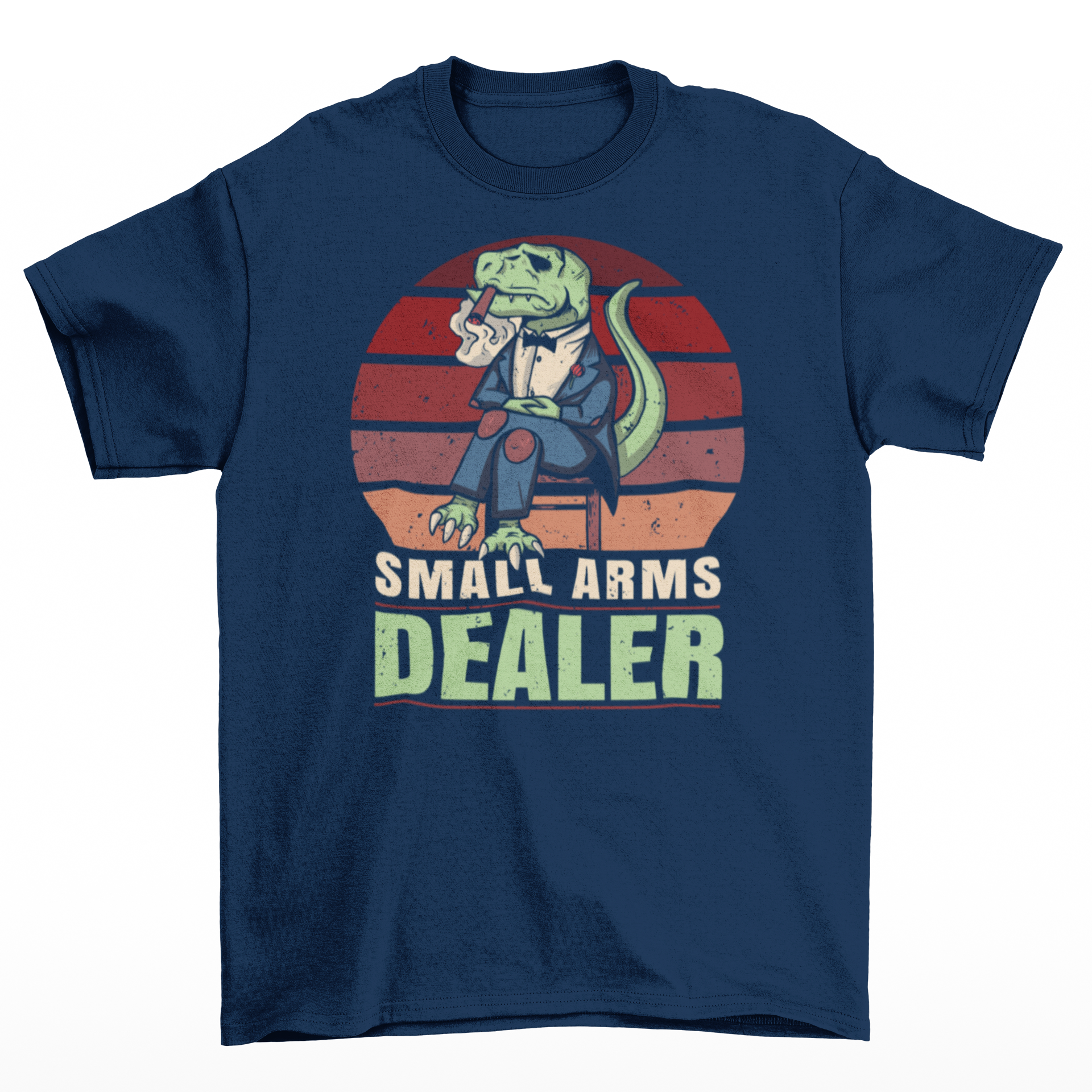 Navy t-shirt of a mafia T-Rex in a suit sitting on a chair with a retro sun background with text underneath "SMALL ARMS DEALER".