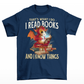 Navy t-shirt of a dragon reading books with text "THAT'S WHAT I DO I READ AND KNOW THINGS".