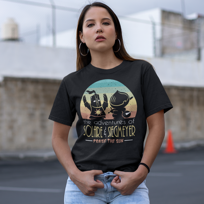 Black t-shirt of Solaire and Siegmeyer with a retro sun background with text  "THE ADVENTURES OF SOLAIRE AND SIEGMEYER PRAISE THE SUN".