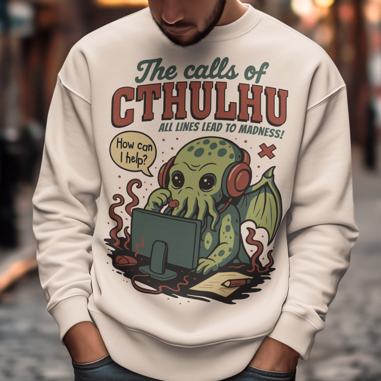 Answer the call of cosmic chaos with this irresistibly cute Cthulhu sweatshirt, where eldritch horror meets everyday office despair. Featuring everyone’s favorite ancient entity manning a help desk, headset on and sanity slipping, this design jokes that all lines eventually lead to madness. Soft, comfy, and packed with dark humor, it’s perfect for Lovecraft fans, RPG players, horror geeks, and anyone who’s ever worked customer support and stared into the abyss.