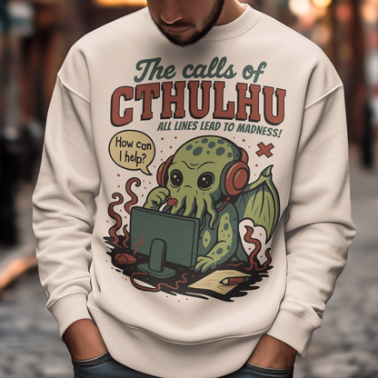 Answer the call of cosmic chaos with this irresistibly cute Cthulhu sweatshirt, where eldritch horror meets everyday office despair. Featuring everyone’s favorite ancient entity manning a help desk, headset on and sanity slipping, this design jokes that all lines eventually lead to madness. Soft, comfy, and packed with dark humor, it’s perfect for Lovecraft fans, RPG players, horror geeks, and anyone who’s ever worked customer support and stared into the abyss.
