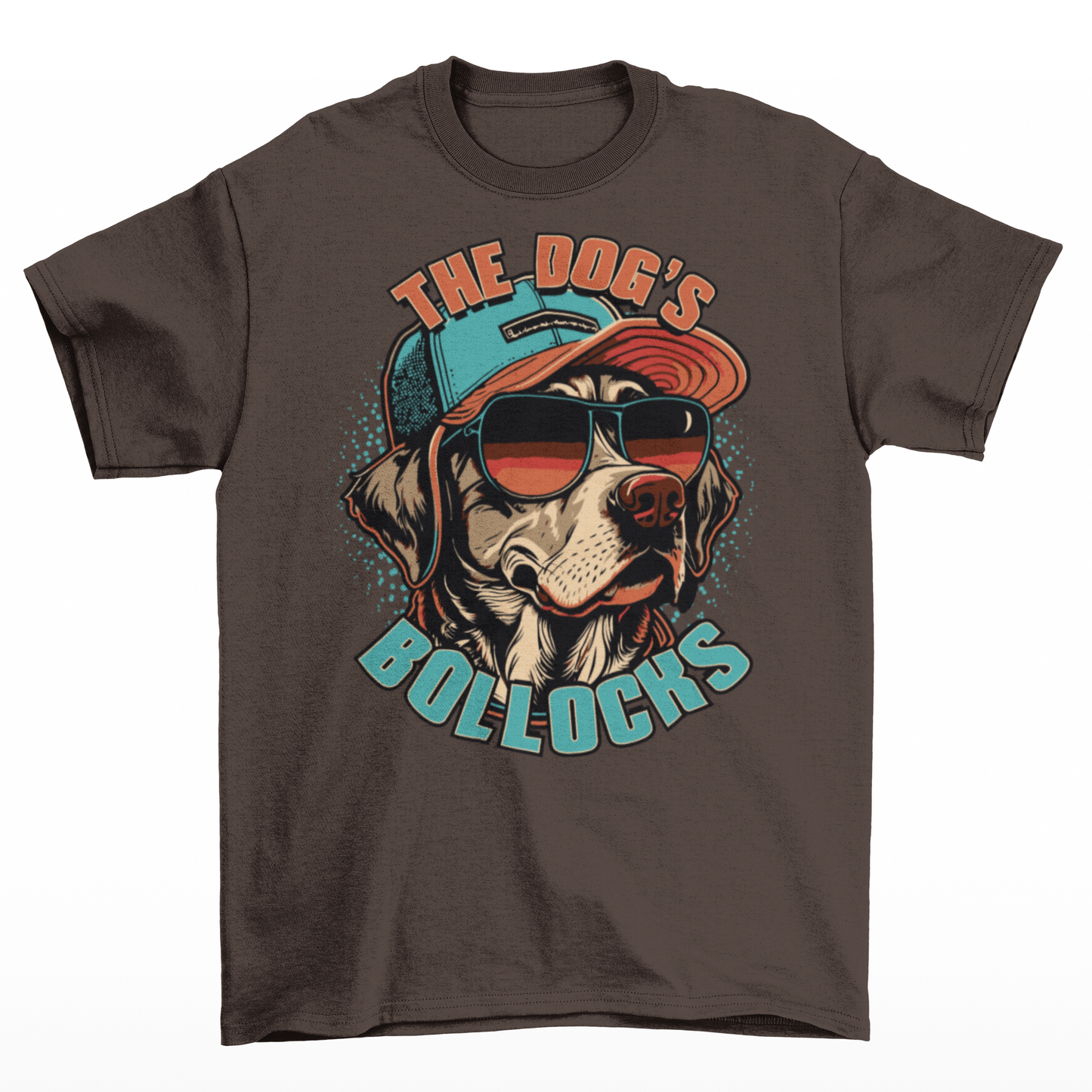 Brown t-shirt with a dog wearing a cap and sunglasses with text "THE DOGS BOLLOCKS".