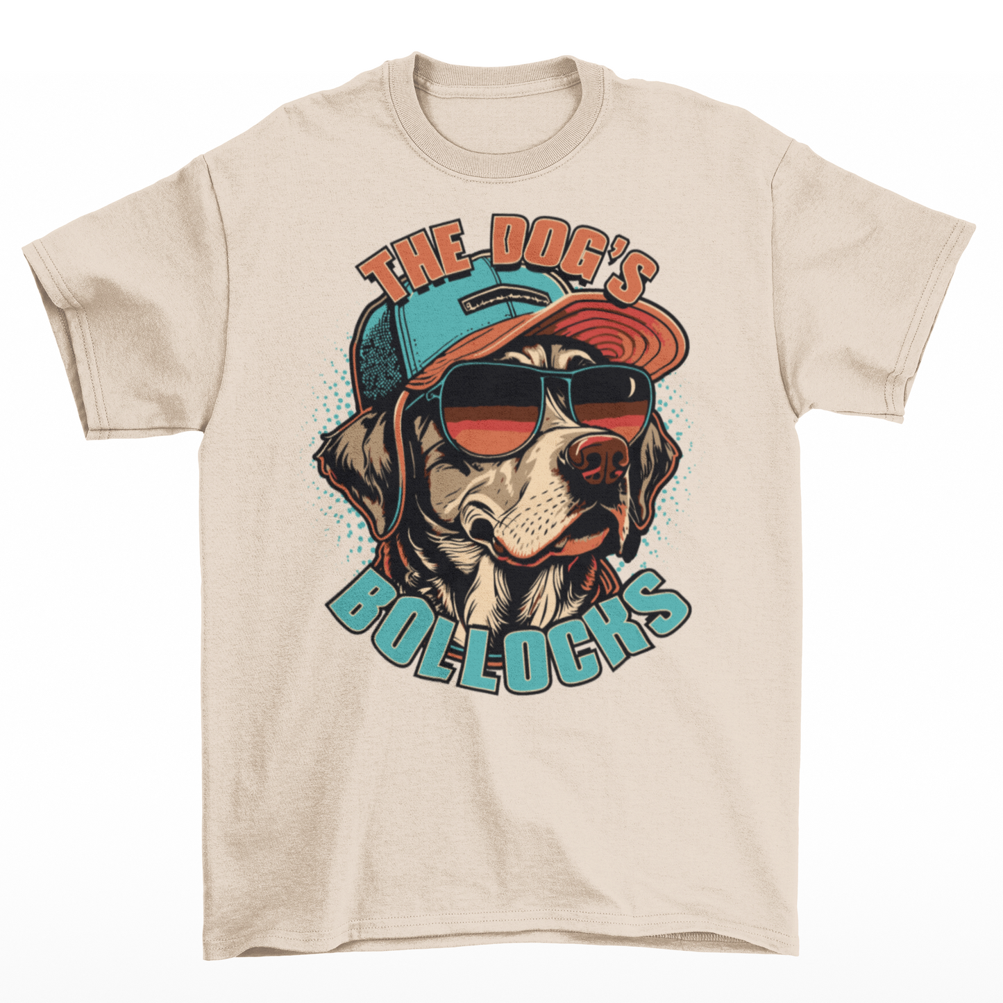 Cream t-shirt with a dog wearing a cap and sunglasses with text "THE DOGS BOLLOCKS".