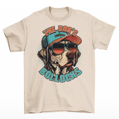 Cream t-shirt with a dog wearing a cap and sunglasses with text "THE DOGS BOLLOCKS".