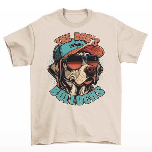 Cream t-shirt with a dog wearing a cap and sunglasses with text "THE DOGS BOLLOCKS".