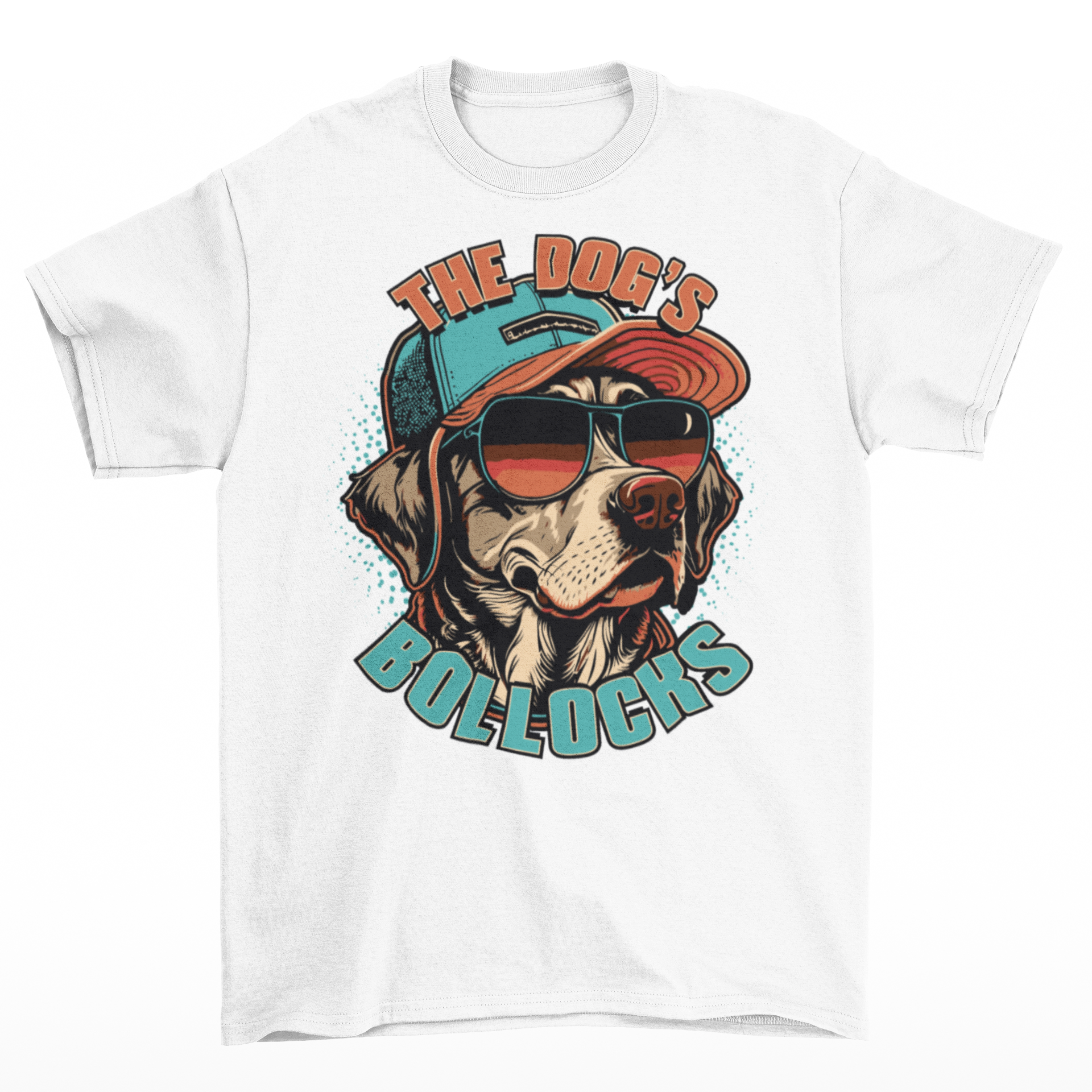 White t-shirt with a dog wearing a cap and sunglasses with text "THE DOGS BOLLOCKS".