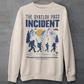 Cream sweatshirt of 3 hikers including Bigfoot in snowy mountains with UFOs and text THE DYATLOV PASS INCIDENT.