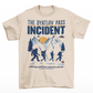 Cream t-shirt of a group of hikers in snowy mountains with UFOs with Bigfoot on the end of the group with text "THE DYATLOV PASS INCIDENT"