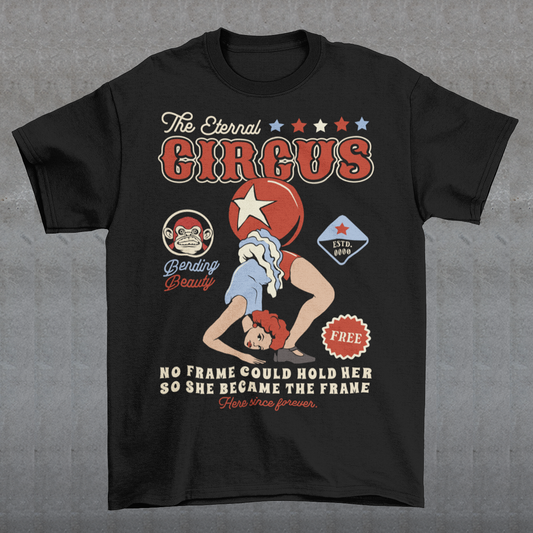 Step into the surreal with our "Contortionist – The Eternal Circus" t-shirt. Featuring a hauntingly elegant contortionist twisted into an impossible pose, this design captures the mystique and wonder of a timeless spectacle. Above the figure, bold vintage lettering proclaims THE ETERNAL CIRCUS — a nod to a show that never ends, where beauty bends and reality blurs.