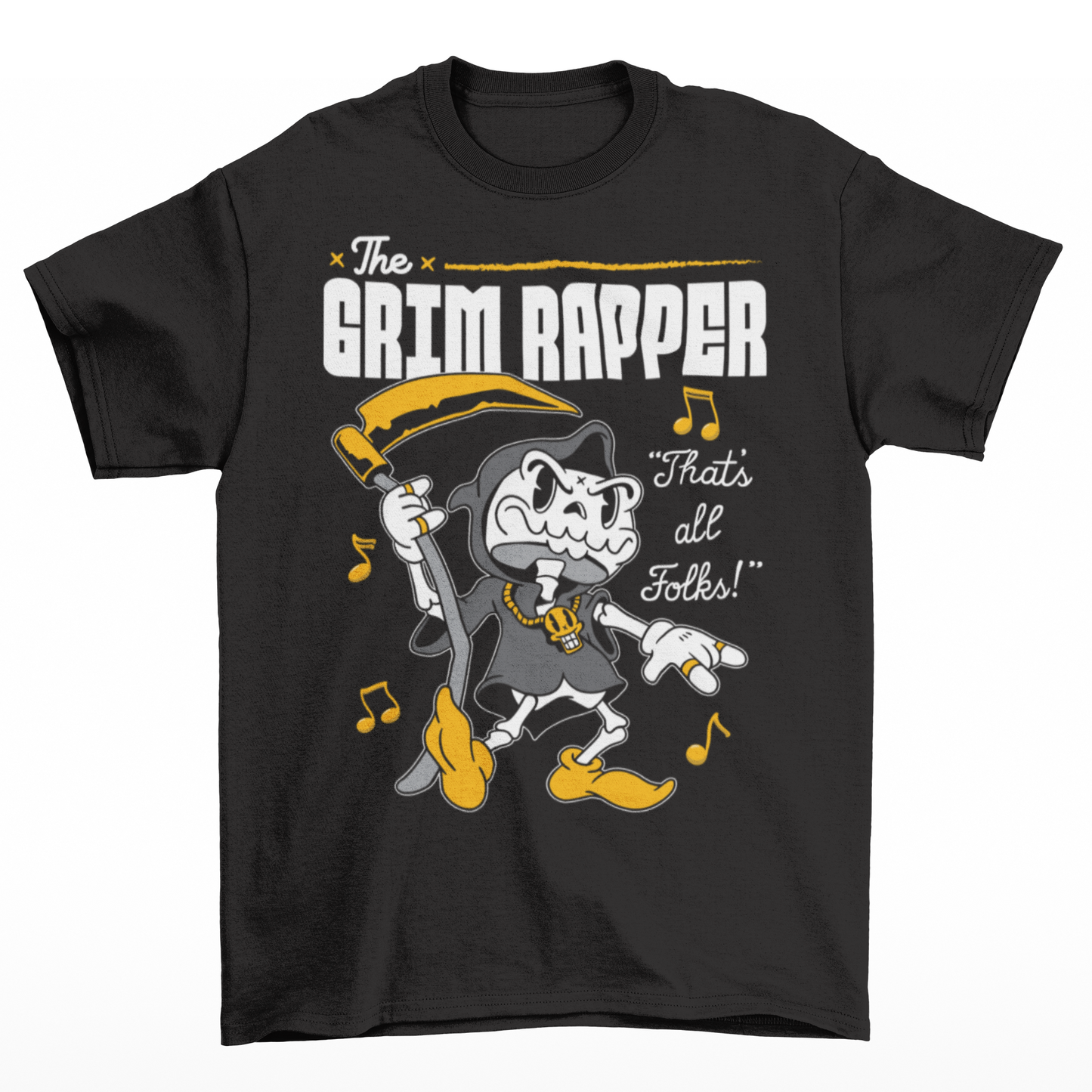 Black t-shirt of a cartoon rapper grim reaper with musical notes and text above THE GRIM RAPPER