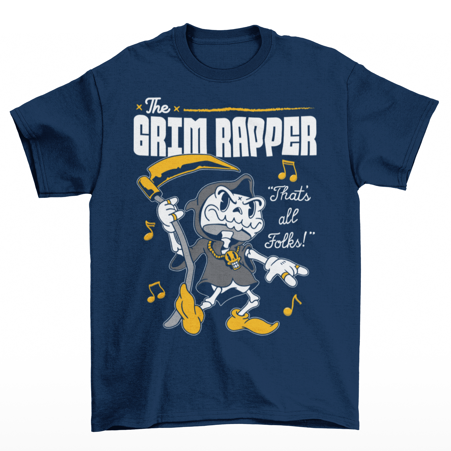 Navy t-shirt of a cartoon rapper grim reaper with musical notes and text above THE GRIM RAPPER