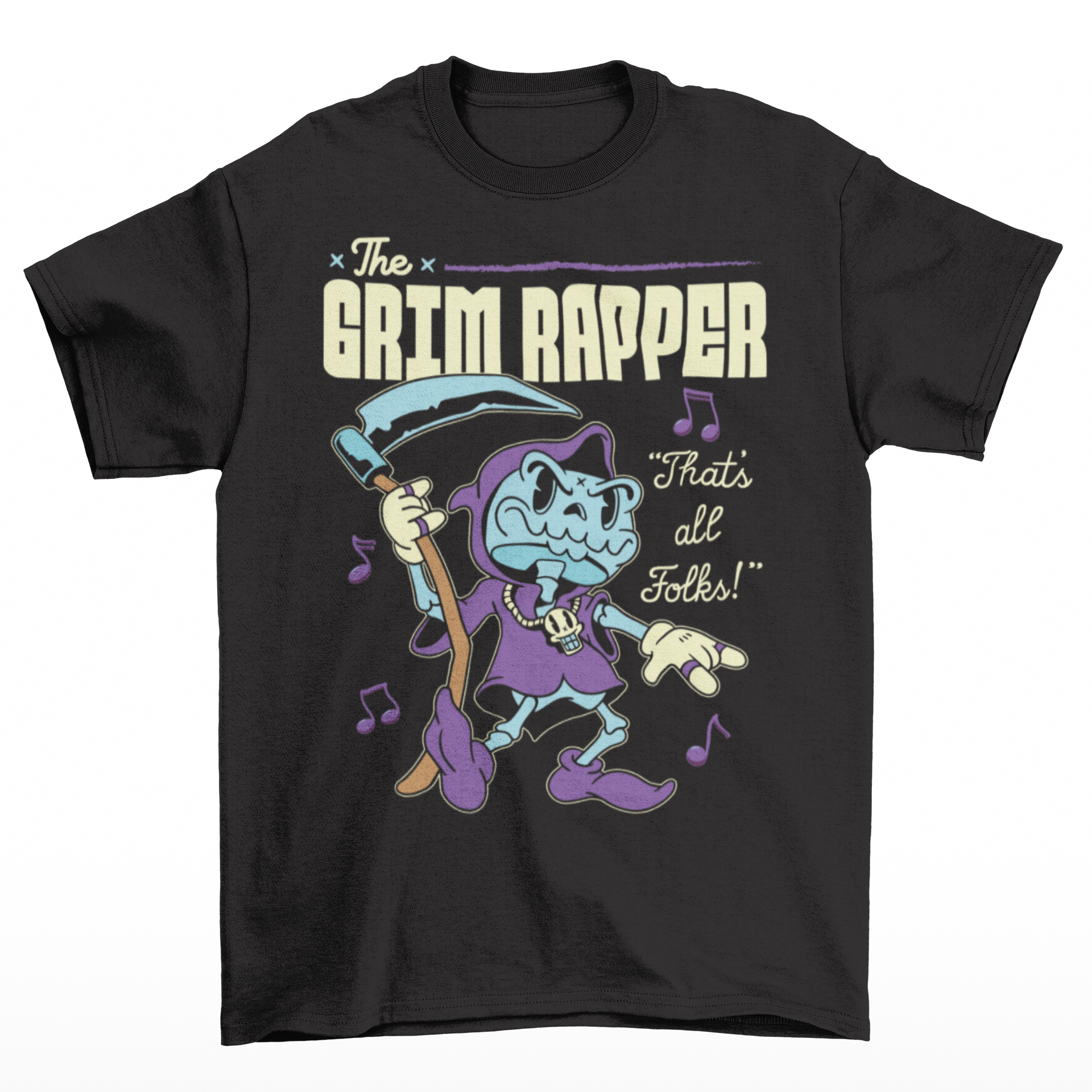 Black t-shirt of a cartoon rapper grim reaper with musical notes and text above THE GRIM RAPPER