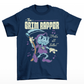 Navy t-shirt of a cartoon rapper grim reaper with musical notes and text above THE GRIM RAPPER