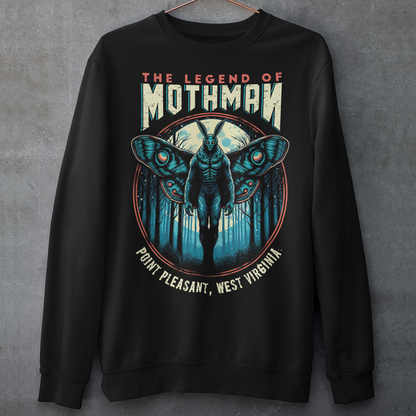 Black sweatshirt of Mothman in a forest with text above THE LEGEND OF MOTHMAN.