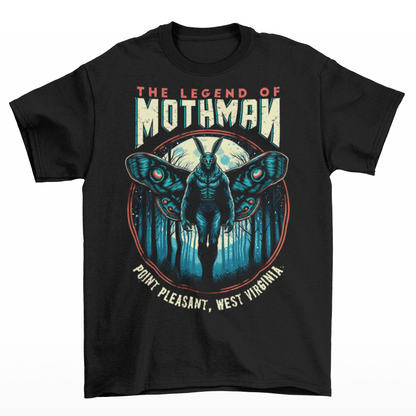 Black t-shirt of Mothman in a forest with text above THE LEGEND OF MOTHMAN.