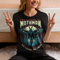 Black t-shirt of Mothman in a forest with text above THE LEGEND OF MOTHMAN.