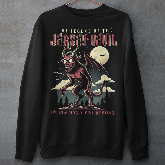 Black sweatshirt of the Jersey Devil with text above THE LEGEND OF THE JERSEY DEVIL and text below THE NEW JERSEY PINE BARRENS.