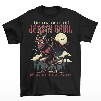 Black t-shirt of the Jersey Devil with text above THE LEGEND OF THE JERSEY DEVIL and text below THE NEW JERSEY PINE BARRENS.