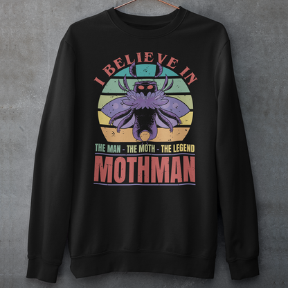 Black sweatshirt of Mothman with a retro sun background with text "THE MAN THE MOTH THE LEGEND".