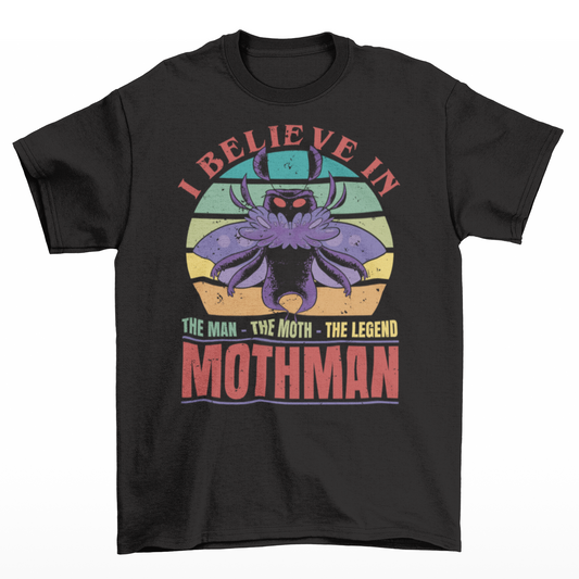 Black t-shirt of Mothman with a retro sun background with text  "THE MAN THE MOTH THE LEGEND".