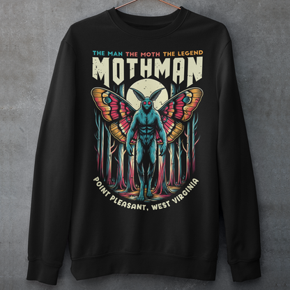 Introducing our exclusive Mothman sweatshirt, perfect for fans of cryptid lore and mysterious legends! This shirt features a striking design of the legendary Mothman lurking in a dense, moonlit forest. His glowing red eyes peer through the trees, capturing the eerie essence of the famed creature. Above the haunting image, bold text declares: "THE MAN THE MOTH THE LEGEND MOTHMAN," paying homage to the enigmatic figure who has intrigued generations.